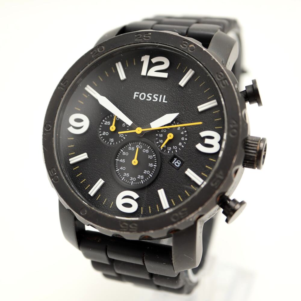 Fossil Nate Men's Black 50mm Chronograph Watch Silicone JR1425 with New Battery